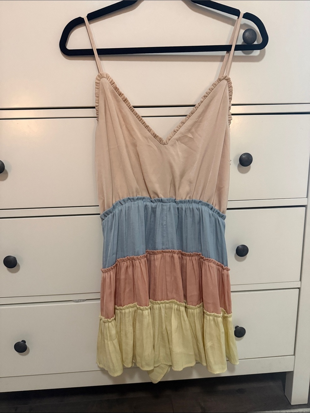 Judith March Pastel Tiered Romper in Beige, Blue, Peach & Yellow